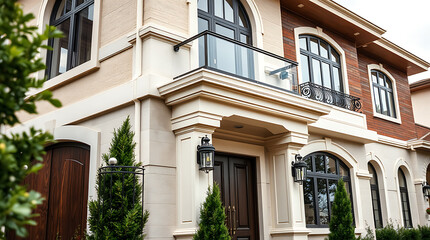 Luxury Home Exterior: Modern Architectural Design, Elegant Facade, and Landscaped Entrance