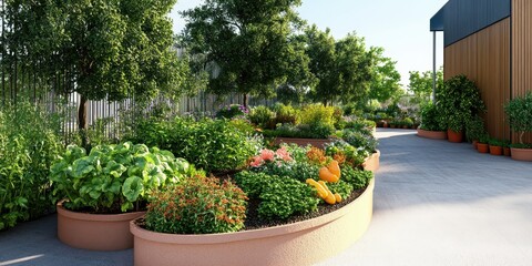 Fototapeta premium Creative urban gardens flourishing with vibrant plants and innovative designs, enhancing city life and green spaces.