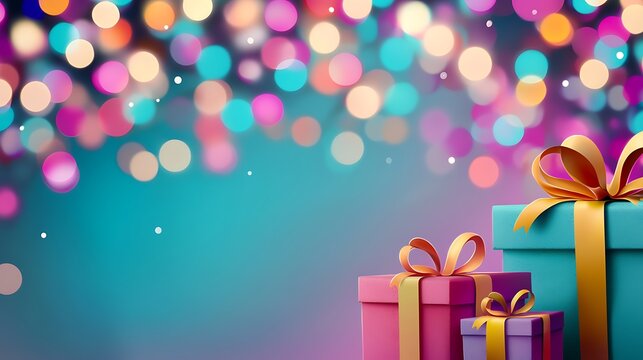 A beautifully arranged set of Christmas gifts with vibrant ribbons, set against a sparkling background of colorful holiday lights and a festive tree.