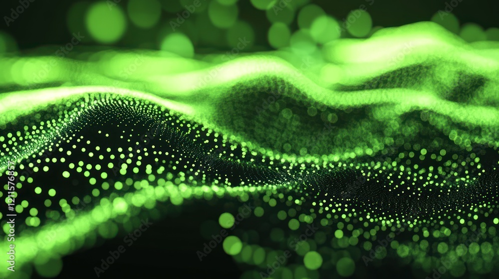 Poster abstract green particle wave background with bokeh effect for technology design