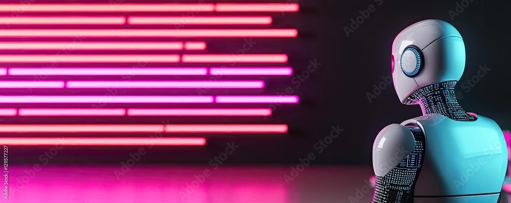 Poster learning analytics ai idea. futuristic robot contemplating vibrant neon lights in a modern setting.
