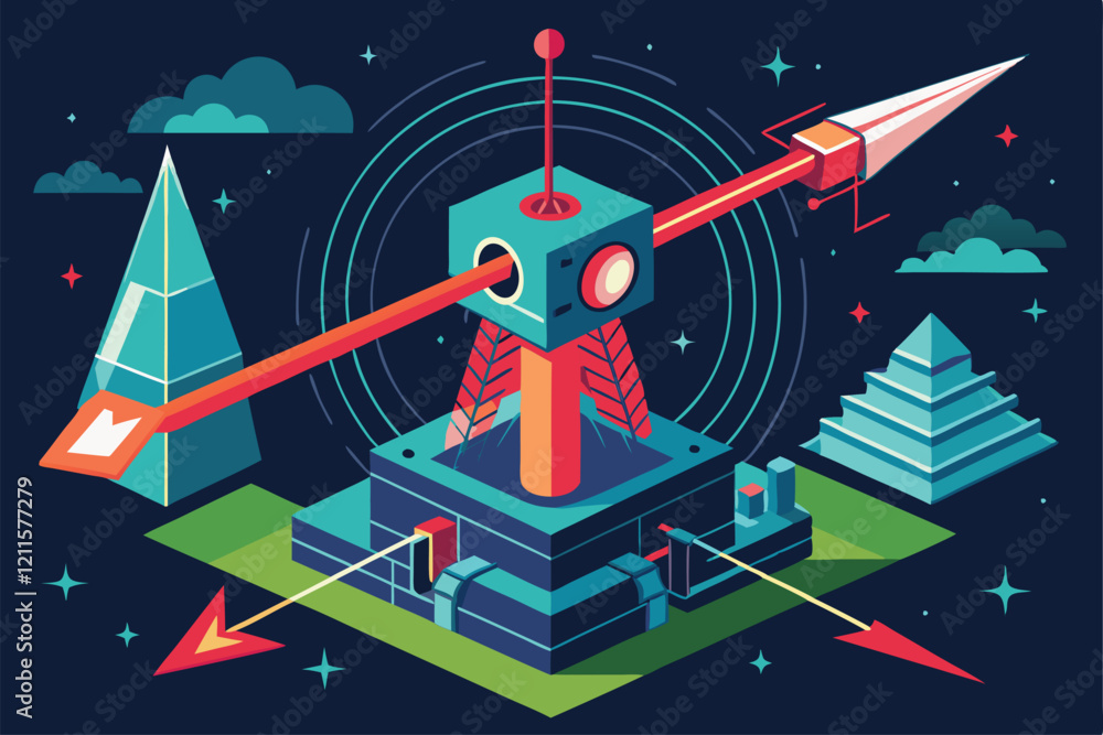 Poster a laser-scanned arrow design features a tower and geometric shapes, merging tech and creativity in a