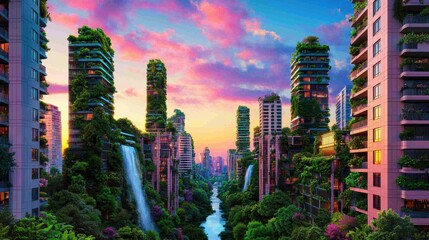 Obraz premium Futuristic EcoCityscape Green Buildings Waterfalls Sunset