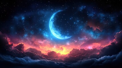 Fototapeta premium A vibrant night sky showcasing a luminous crescent moon amidst colorful clouds and twinkling stars