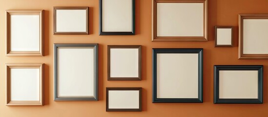 Fototapeta premium Gallery wall featuring various empty picture frames in shades of brown, black, and gold against a warm orange background. Framed in different sizes.