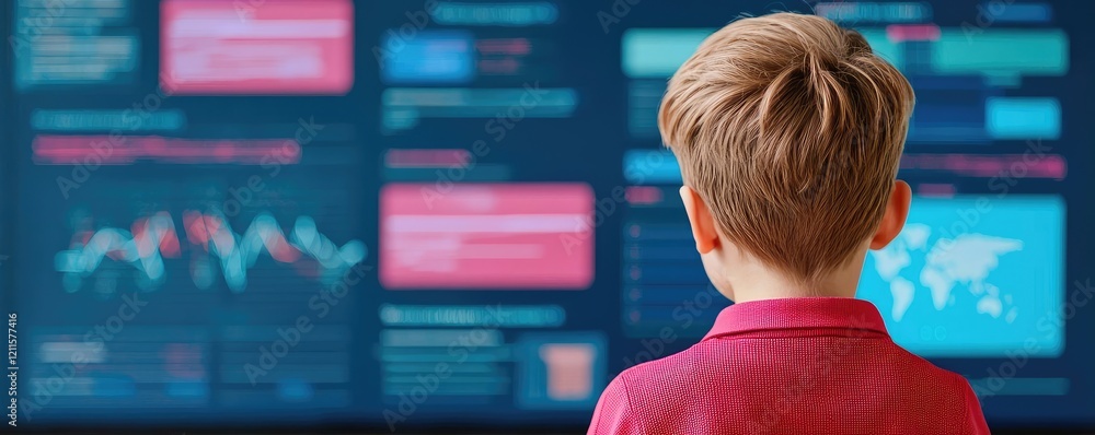 Aufkleber learning analytics ai idea. child observing data analysis on screen, representing future generation 