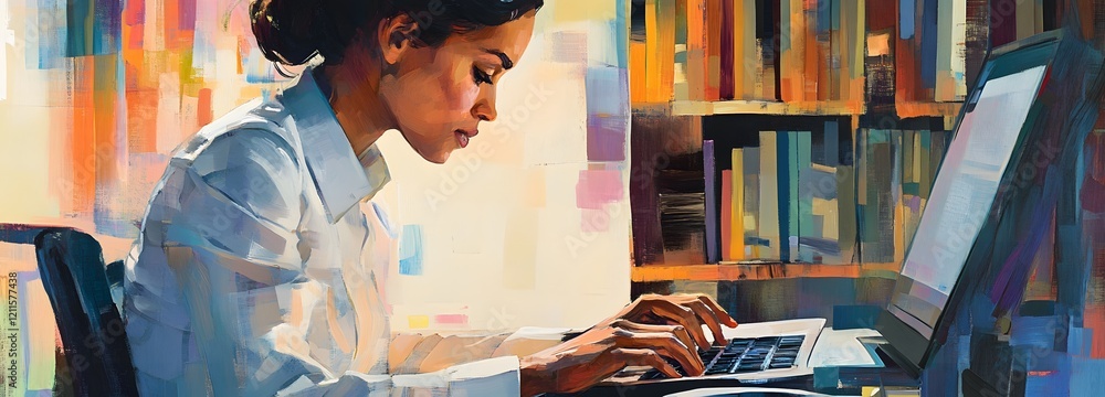 Poster a focused professional in an office setting, typing on a keyboard while reviewing project files