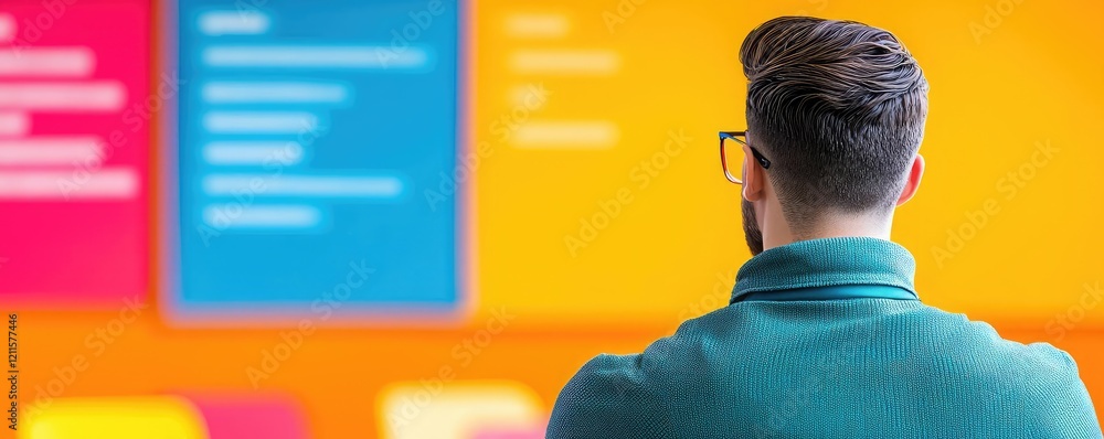 Poster learning analytics ai idea. professional engaged in brainstorming session with colorful sticky notes