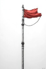 Tattered red flag on tall pole, stark background.