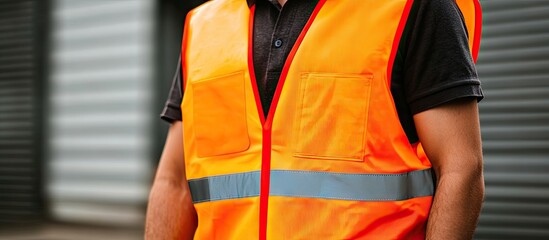 Worker in an orange safety vest with reflective stripes, standing outdoors against a backdrop of green and gray storage doors, expressing readiness.