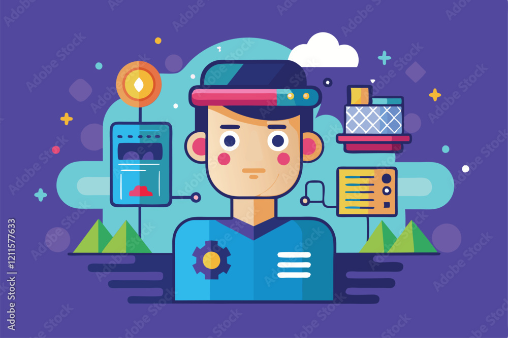 Poster a smiling individual interacts with digital elements in a vibrant and creative flat design environme