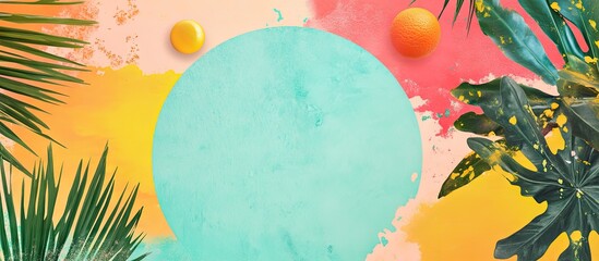 Vibrant circular summer banner background featuring teal circle surrounded by splashes of pink, yellow, and tropical greens for engaging graphics