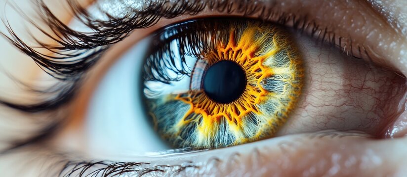 Close up of a vibrant green and amber human eye with intricate digital technology graphics merging human vision and innovative tech in a captivating manner