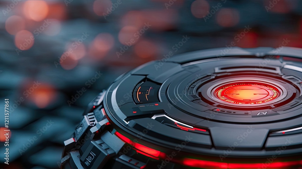 Poster automated feedback ai idea. close-up of a futuristic device with glowing red lights and intricate de