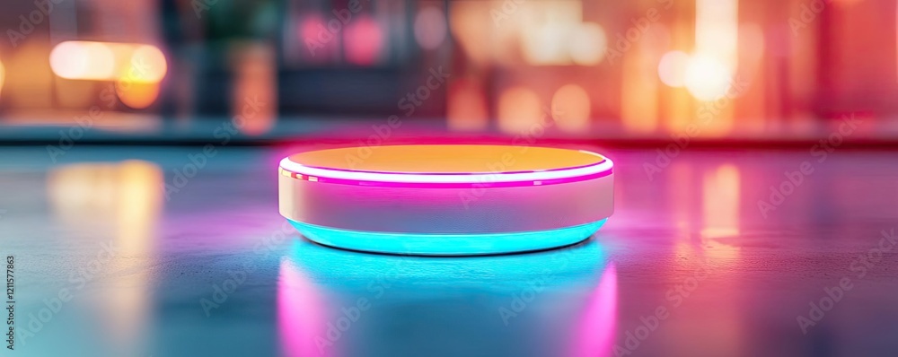 Poster virtual assistant ai concept. a modern smart device illuminating in vibrant colors on a sleek surfac