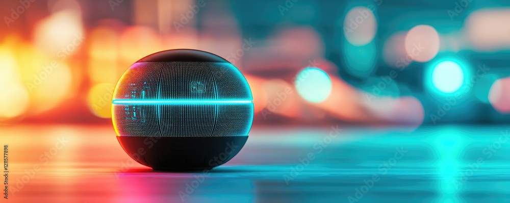 Poster virtual assistant ai concept. a futuristic spherical object glowing with vibrant colors in a modern 