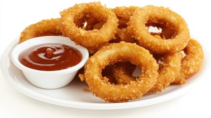 A plate of crispy onion rings with a golden, crunchy coating and a side of tangy barbecue sauce, Each ring’s crispy texture and savory flavor captured with precision