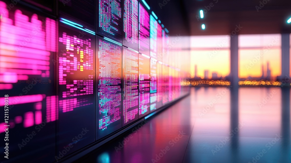 Poster automated feedback ai idea. vibrant digital screens displaying data in a modern office with city sky