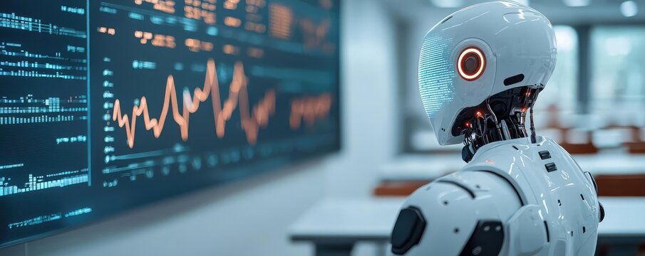 Ai-powered tutoring idea. Futuristic robot analyzing data on a digital display in a modern workspace.