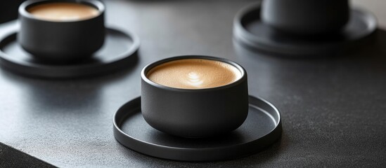 Elegant close-up of a double espresso in a sleek black ceramic cup on a dark textured surface with soft natural light highlighting the rich crema.