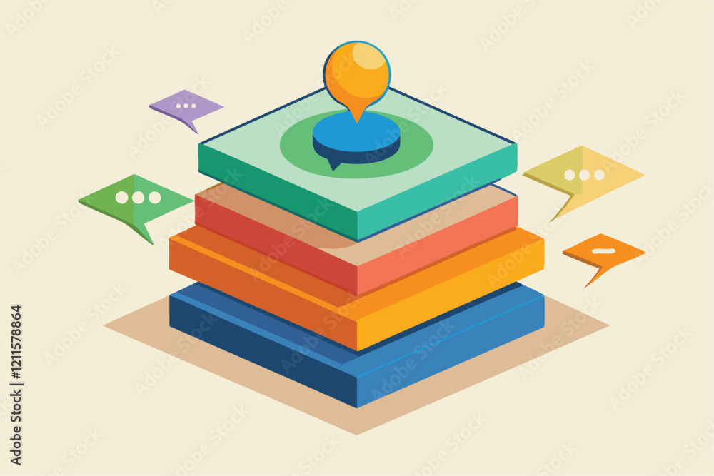 Poster a vibrant design of stacked shapes with a central marker and chat bubbles, perfect for communication