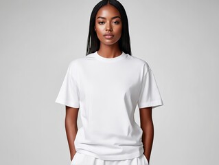 A woman wearing a white t-shirt and white pants