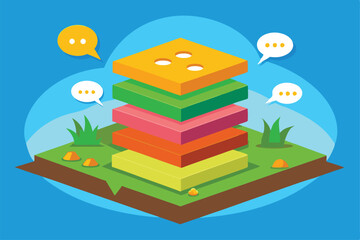 This vibrant layered vector design features colorful blocks and speech bubbles set in a grassy environment, Layered Vector Conversation Spot Illustration