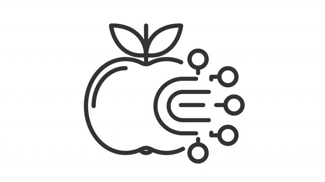 Internet of food line animation. Animated apple and circuit connections icon. Technologies on food production. Black illustration on white background. HD video with alpha channel. Motion graphic
