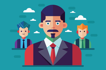A group of three leaders showcases diverse styles and expressions in a corporate environment with a colorful backdrop, Leader Customizable Flat Illustration