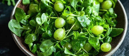 Fresh watercress salad with green grapes in a rustic bowl on dark surface showcasing vibrant green hues and crisp textures in a healthy dish