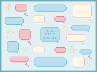 Cute pixel text speech bubble isolated pastel with frame elements illustration set. Speech talking thinking box. Dialogue cloud. 8 bit. For game development, mobile app, graphic, social media