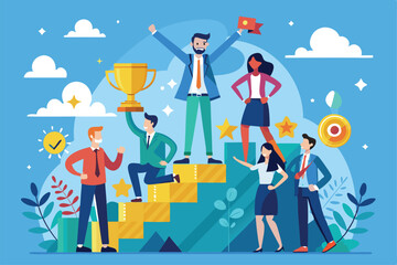 A diverse team joyfully acknowledges their success, celebrating their leadership and achievements with a trophy, Leadership and success,