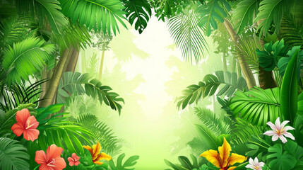 Lush tropical jungle with vibrant flowers and sunlight