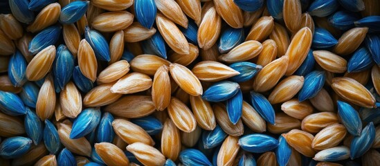 Close up of vibrant blue and golden wheat grass seeds scattered across a dark background, emphasizing their texture and color for health visuals.