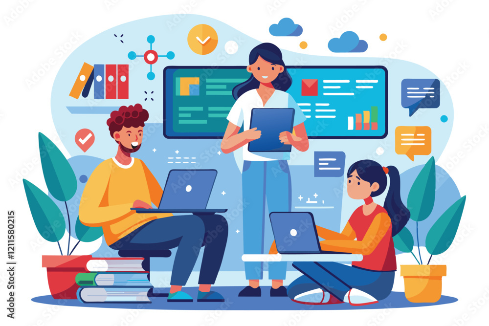 Aufkleber three programmers collaborate on laptops in a bright, modern workspace, boosting creativity and idea