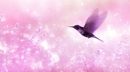 Obraz premium Hummingbird in dreamy pink floral background