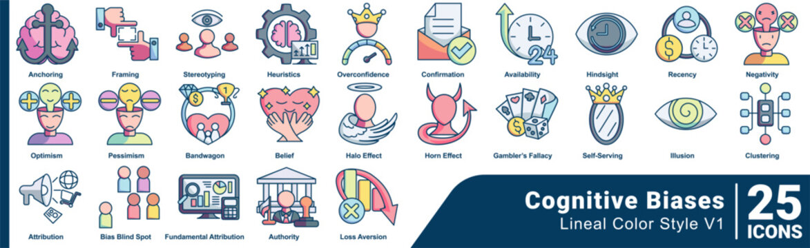 Cognitive Biases icon set 25 in lineal Color style