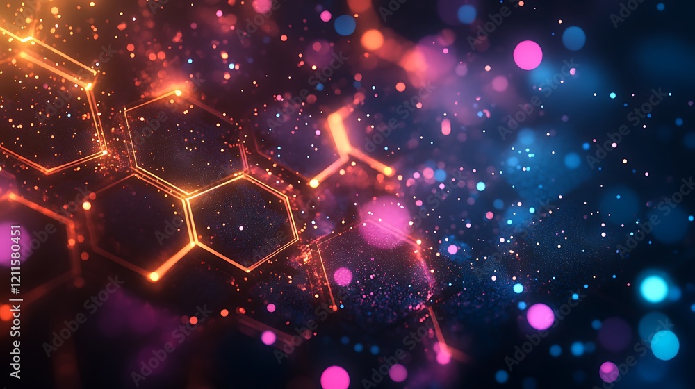 Wall mural a dark background with an abstract grid of glowing hexagon