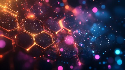 A dark background with an abstract grid of glowing hexagon