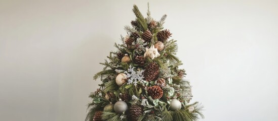 Festive Christmas tree crafted from lush pine and fir branches adorned with ornaments and snowflakes against a soft white background