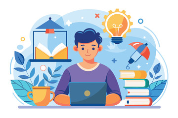 A young person focuses on a laptop surrounded by books, plants, and creative symbols in a bright learning space, Learning Customizable Semi Flat Illustration
