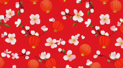 Festive red pattern with lanterns and flowers, perfect for celebrations
