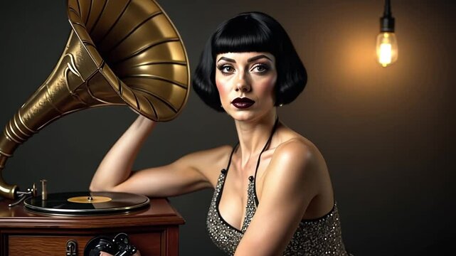 A rebellious 1920s flapper with bobbed hair and dark lipstick leans against a phonograph.