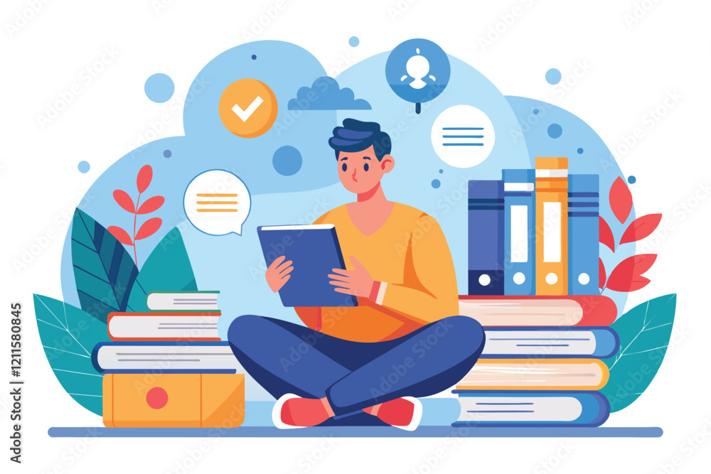 Aufkleber a student reads a book, surrounded by stacks of colorful books and icons representing learning conce