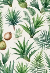 Wall murals Delicate watercolor aloe vera and coconut pattern, health benefits, ingredient, detoxifying, body care, greenery