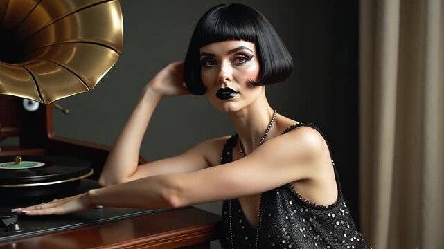 A rebellious 1920s flapper with bobbed hair and dark lipstick leans against a phonograph.