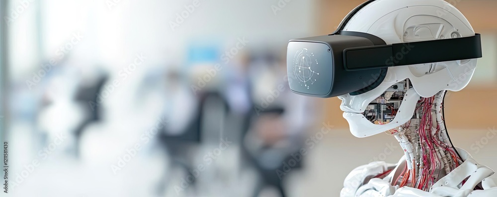 Poster artificial intelligence ai concept. a humanoid robot wearing a virtual reality headset in a modern e