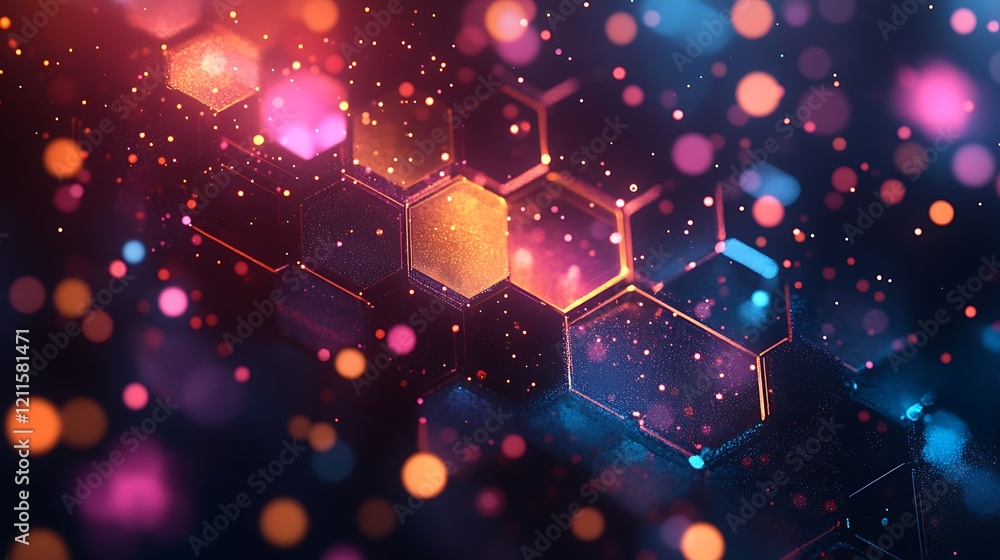 Wall mural a dark background with an abstract grid of glowing hexagon