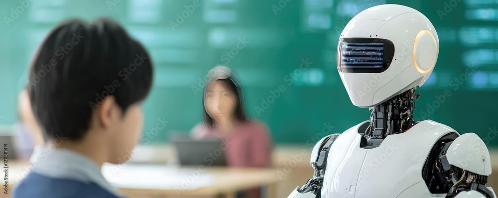 Poster virtual assistant ai concept. a humanoid robot interacts with a child in a classroom setting, showca