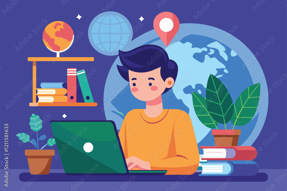 Poster a person is using a laptop in a comfortable workspace surrounded by books and plants, learn to use a
